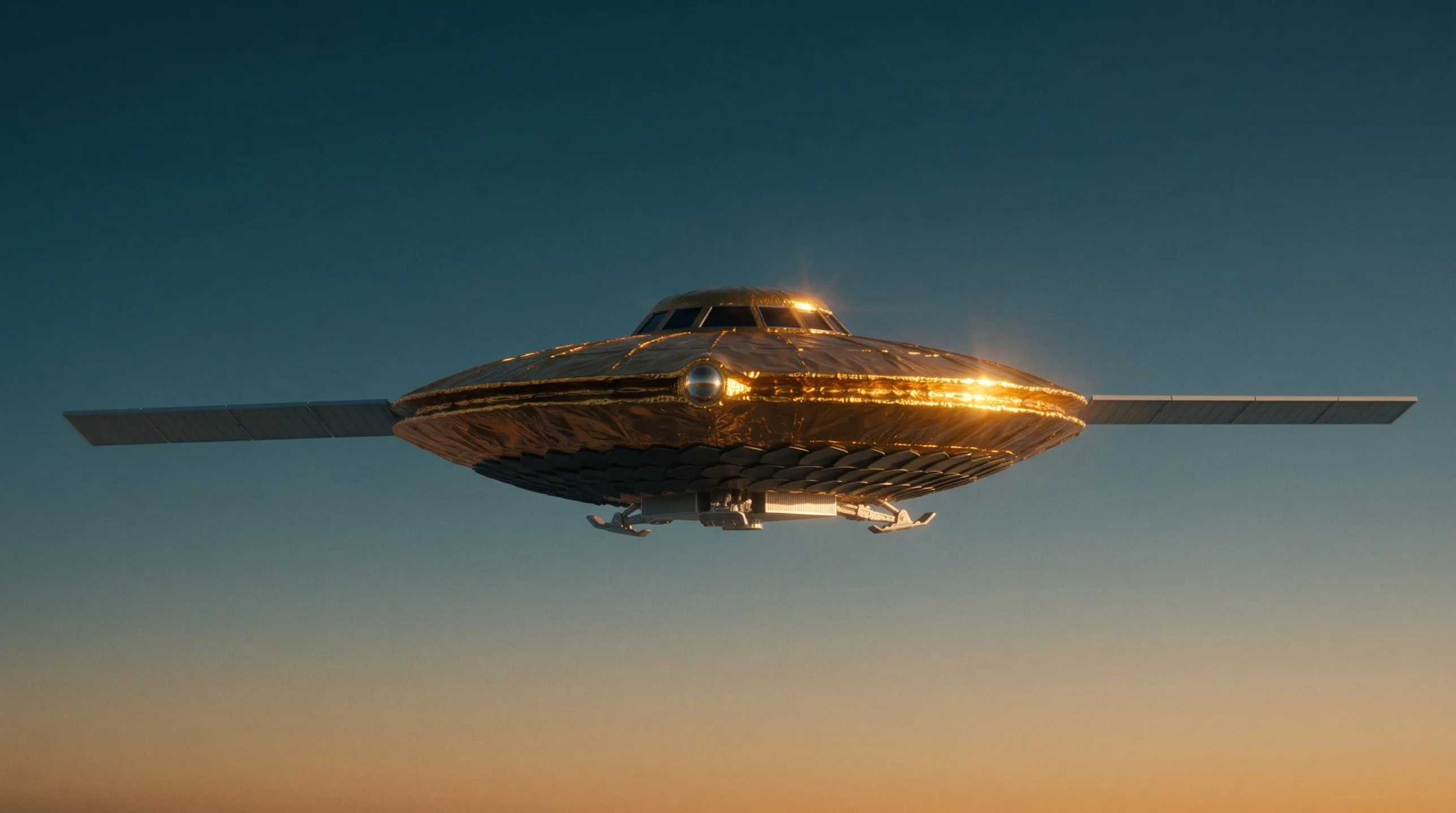 La Sothis, una nave dorada con paneles solares, suspendida en un cielo de atardecer